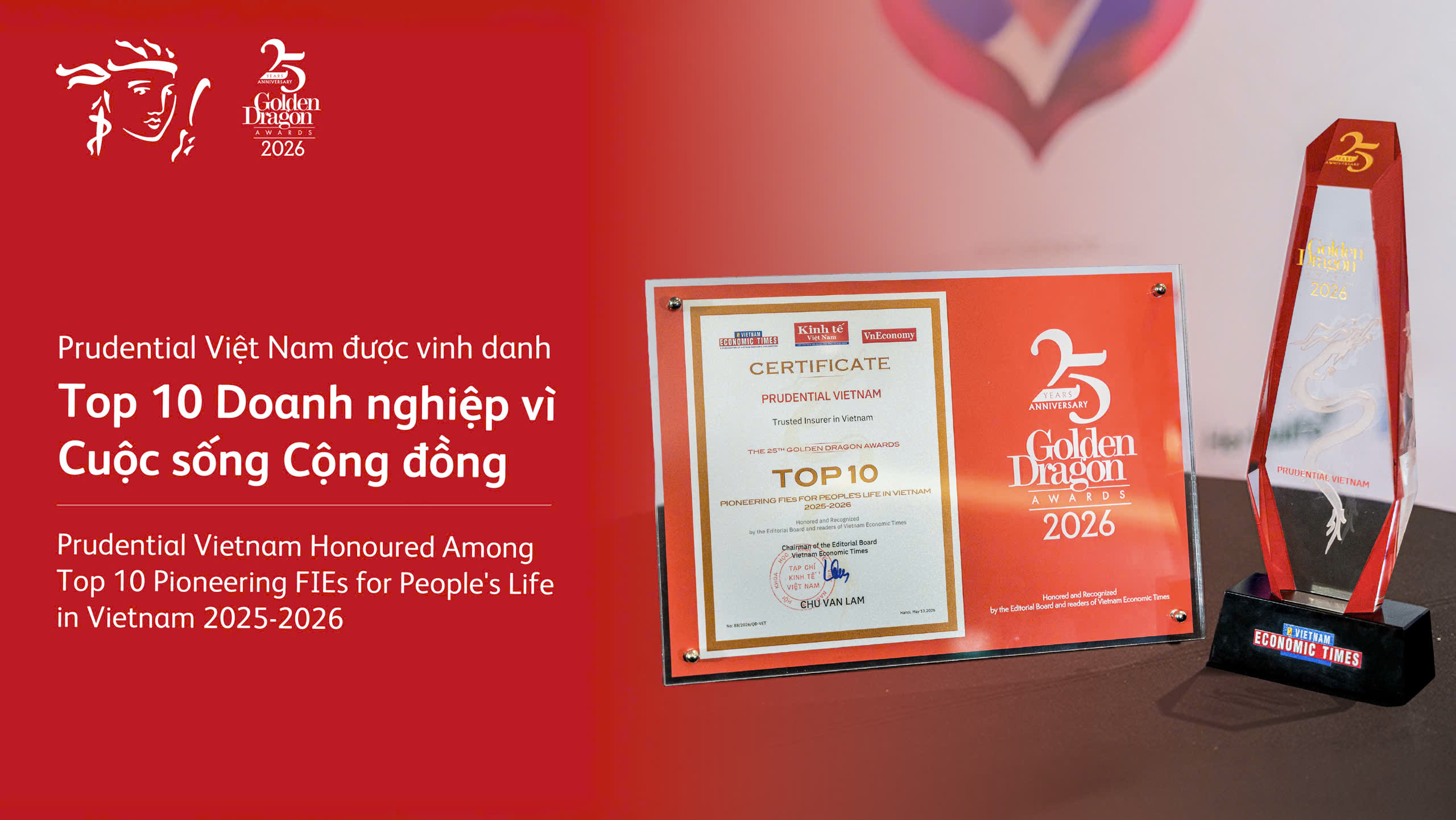 Prudential Việt Nam được vinh danh Top 10 Doanh nghiệp vì Cuộc sống Cộng đồng